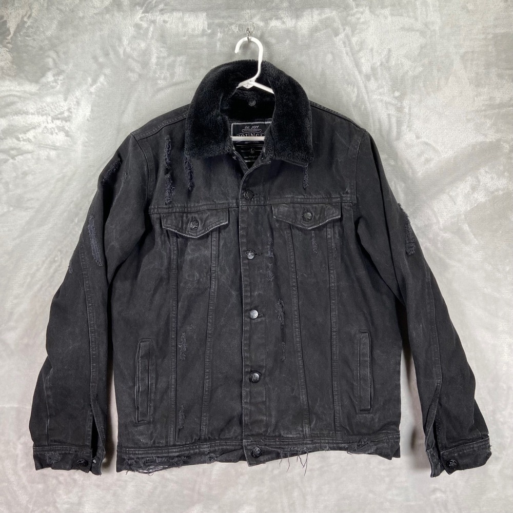 YoungLA Distressed Denim Trucker Jacket Mens Large Faux Fur Lined Button Up